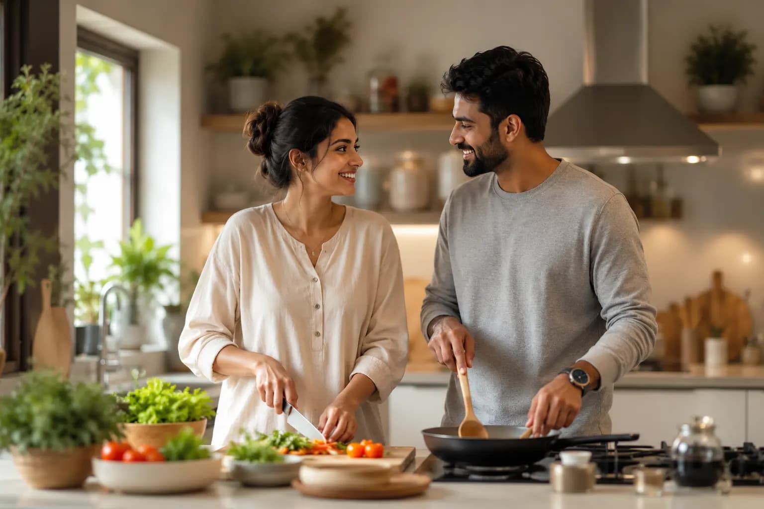 A couple cooking together at home