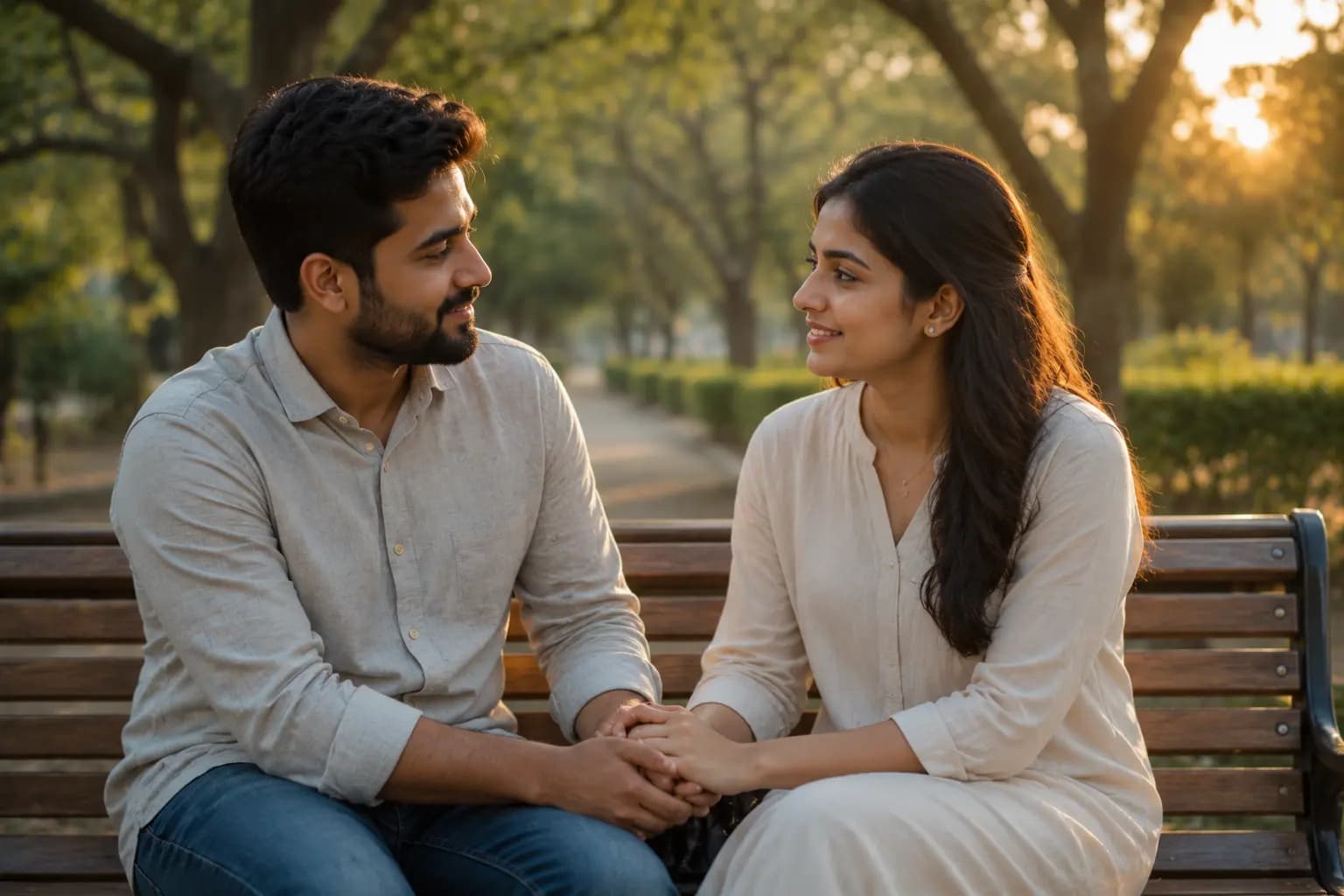 A couple talking together on a park bench