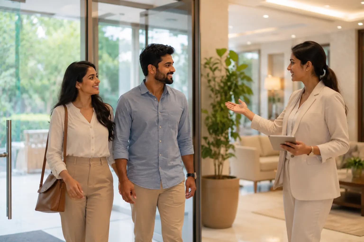 A counsellor welcoming a couple into a session