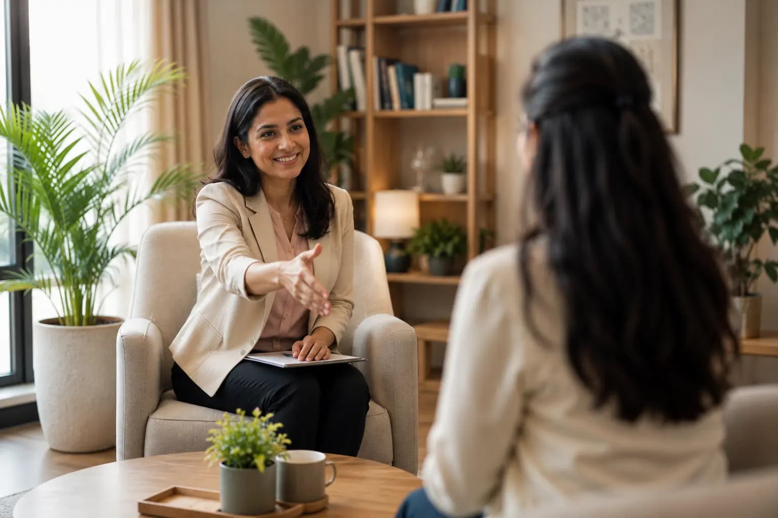 A counsellor welcoming a client in a calm, private session room