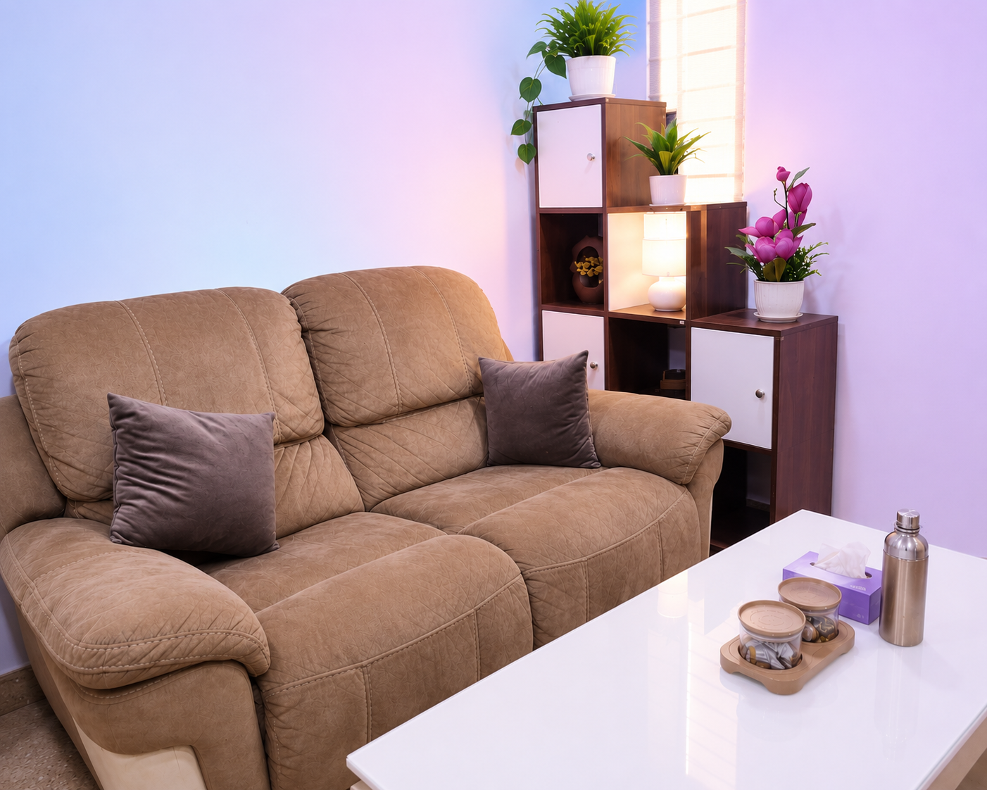 Warm therapeutic consultation office interior with comfortable chairs