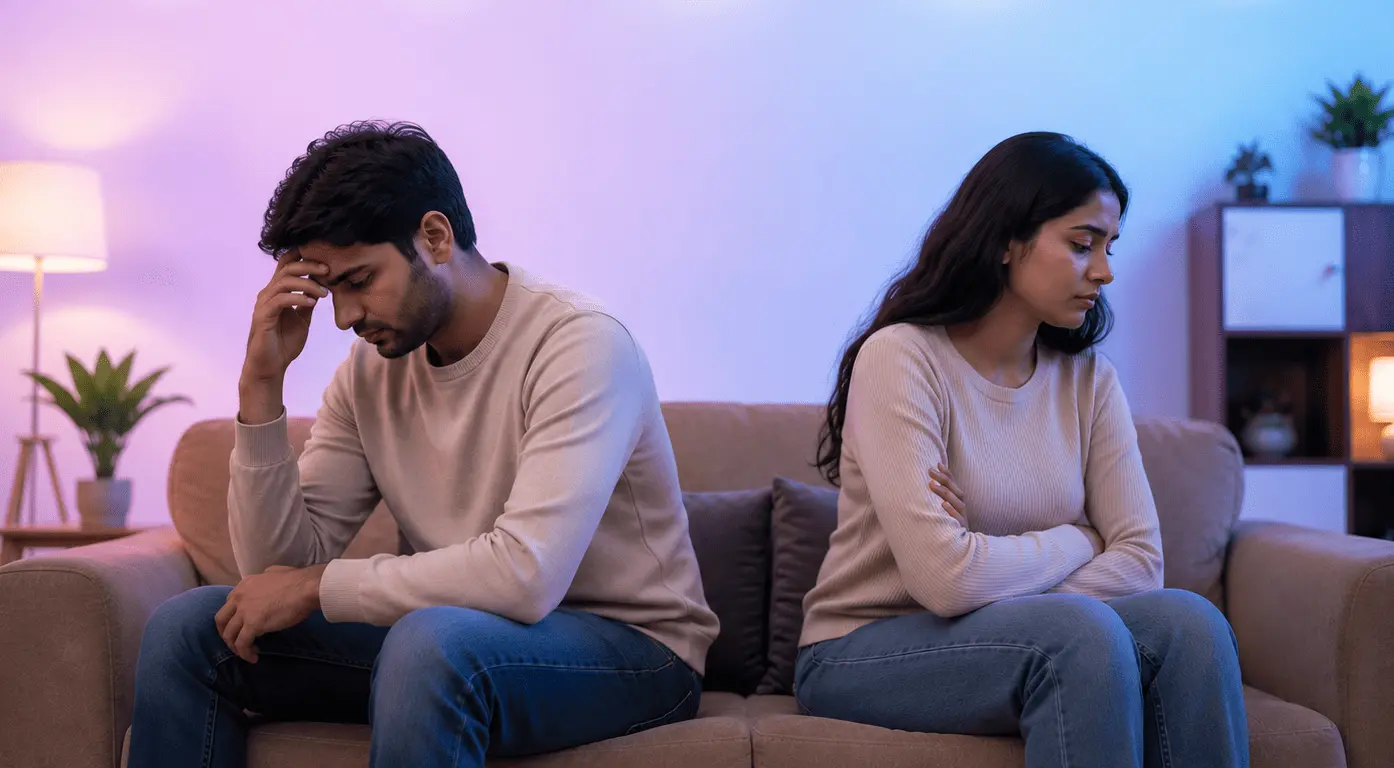 Couple facing relationship friction on couch at night