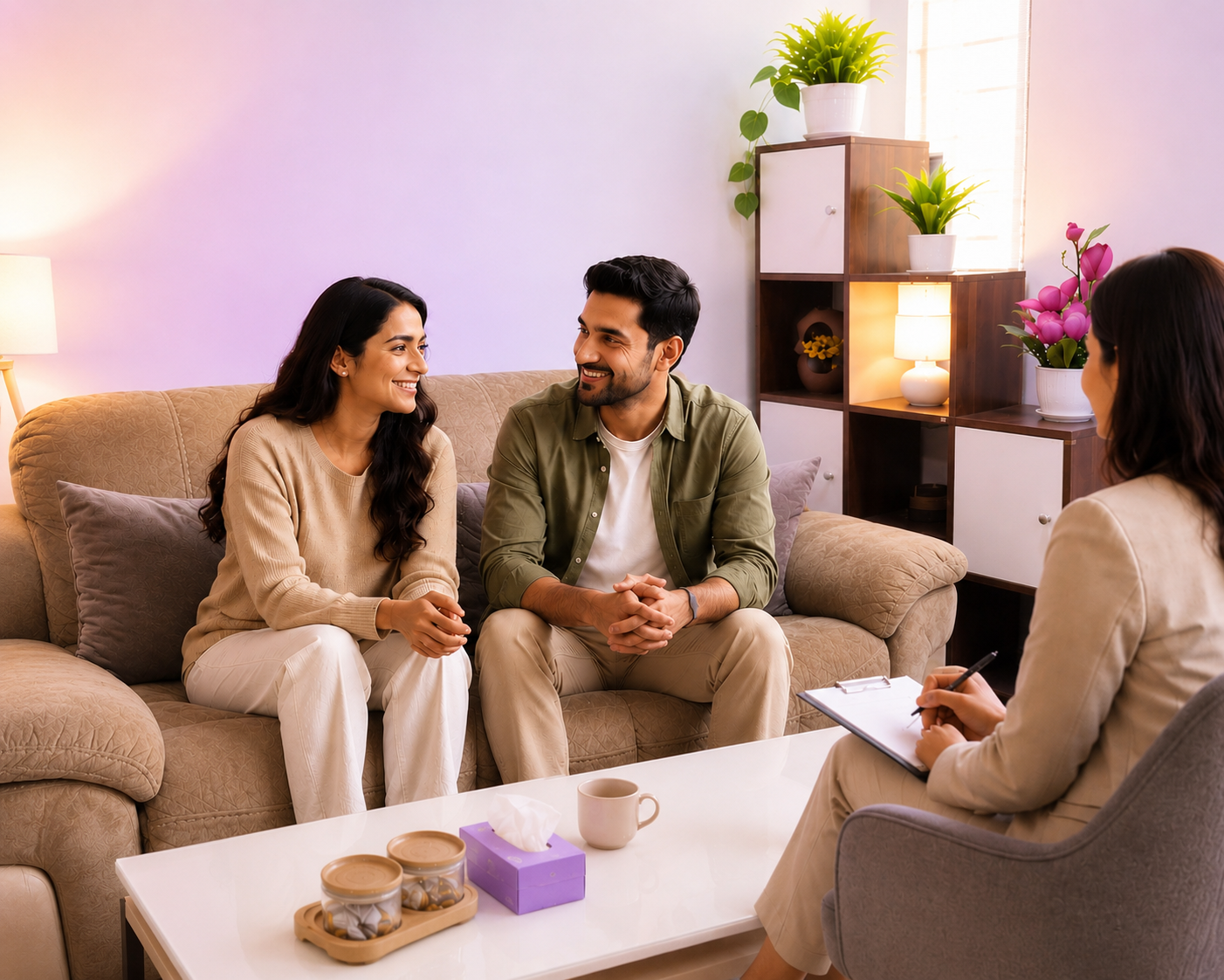 Therapist speaking warmly with a client in a bright setting